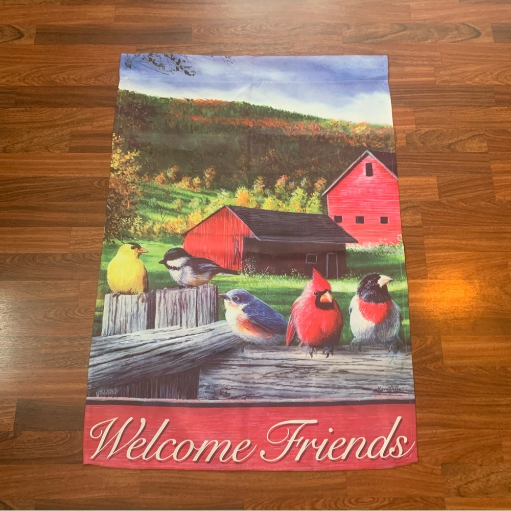 Garden Yard Flag “Welcome Friends” Birds Barn Country by Kevin Daniel 26.5”x 39”